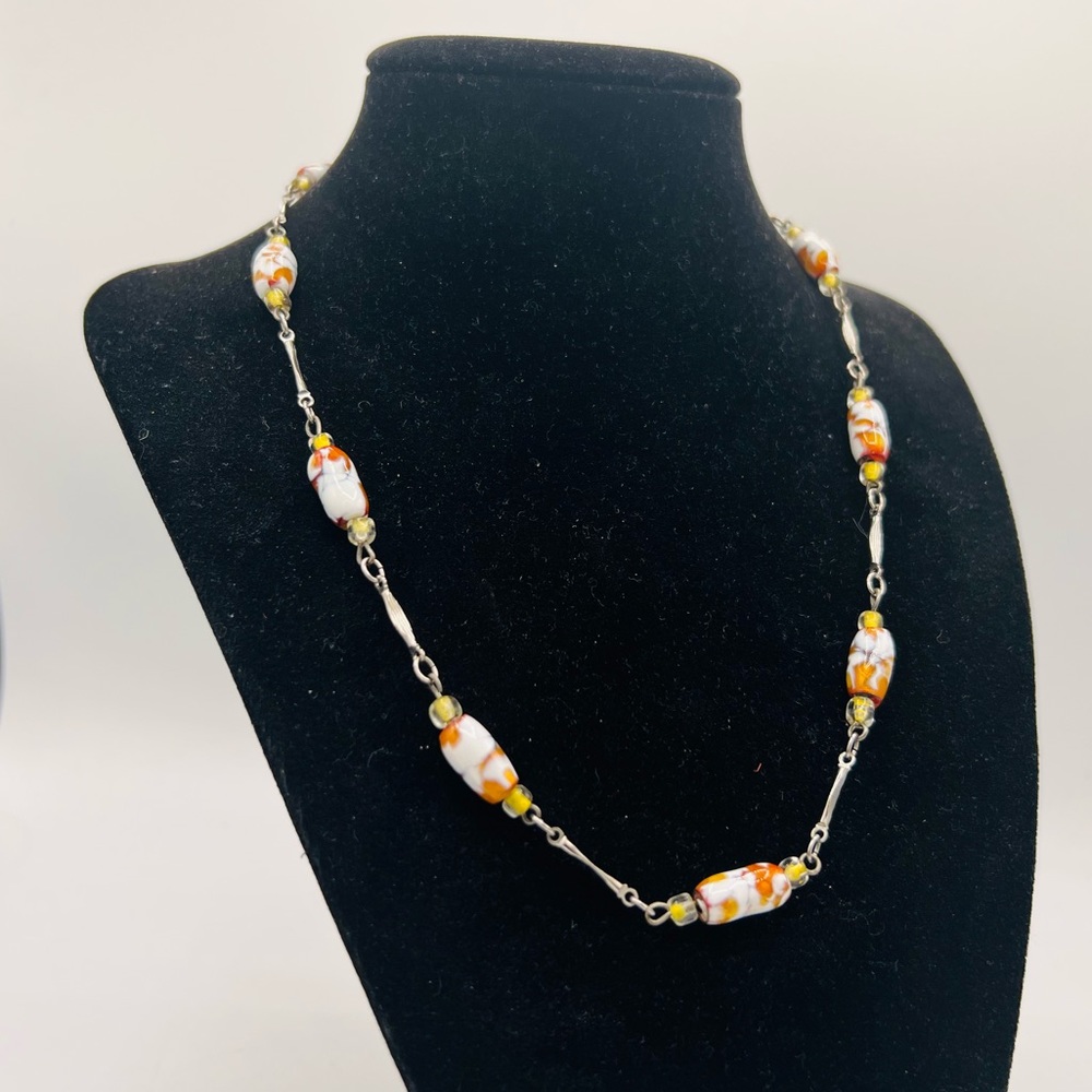 Vintage silver bar chain with orange and white glass bead accents 17”